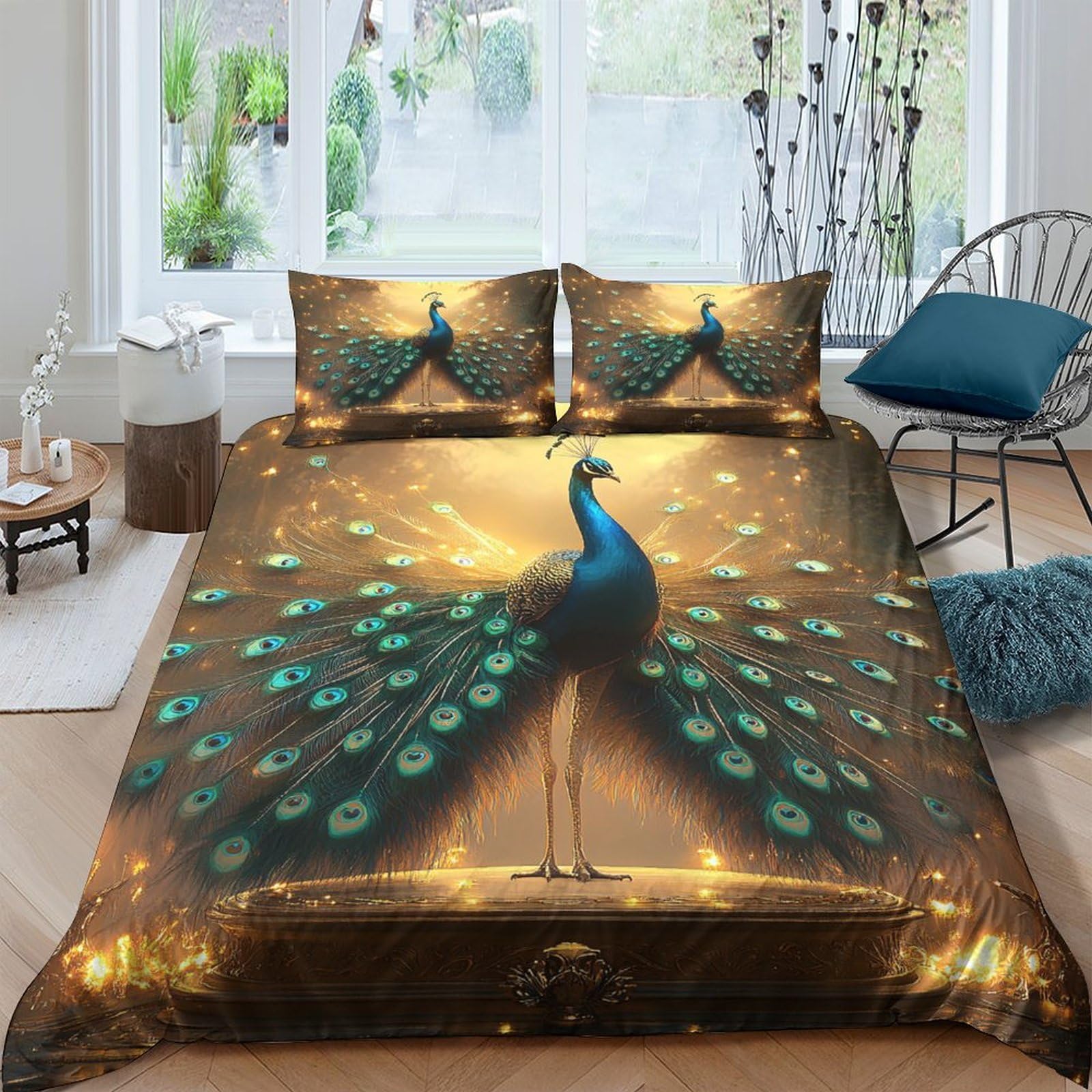 Ctjqhvkz Style-5 3D Printed Golden Peacock Fitted Sheet Microfiber Soft Decorative Teal Feather Bed Cover For Bedroom Guest Room Protection Single（135X200cm）