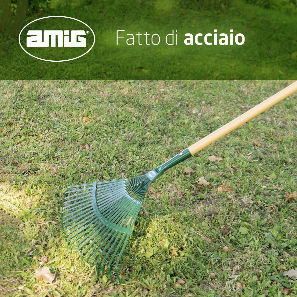 Amig - Rastrello - Rastrello giardino 22 denti - Resistente e funzionale - 400 mm - Acciaio - Verde