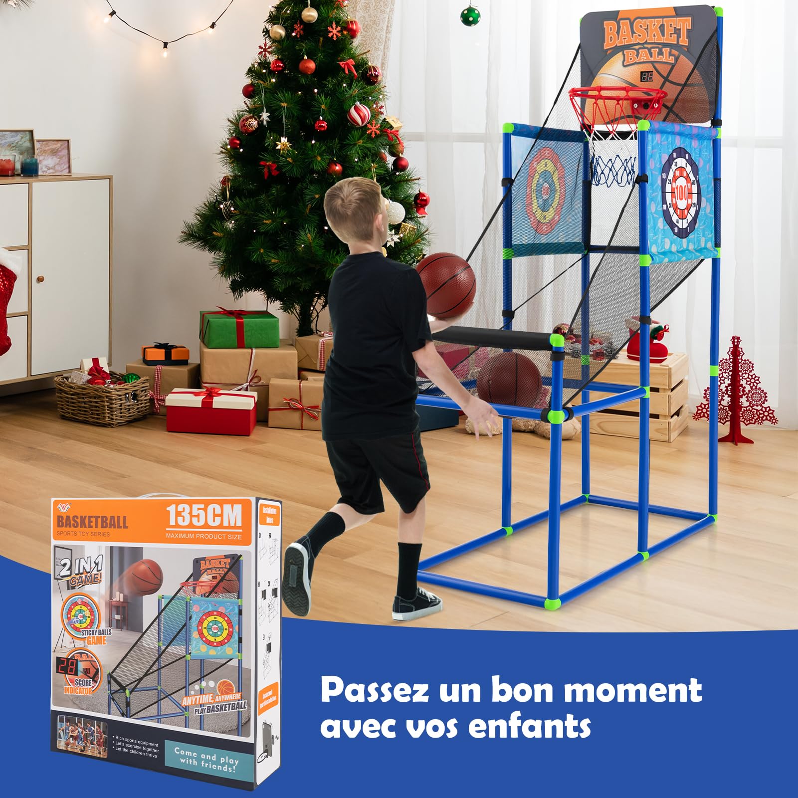 GYMAX Panier de Basket pour Enfants, Jeu de Basket et de Tir 2 en 1, avec Tableau de Score Sonore & 2 Ballons & 2 Cibles & 8 Balles & Pompe à Balle, pour Intérieur/Extérieur