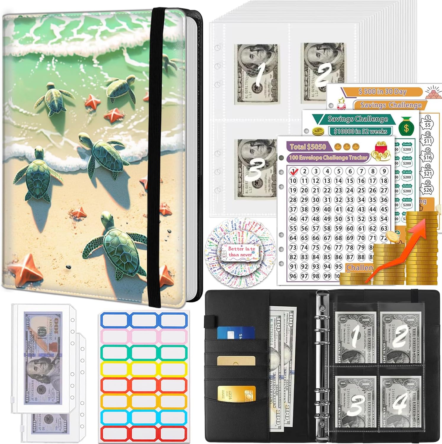 Money Saving Binder, 100 Envelopes Money Saving Challenge, Cash Envelopes Budget Binder & 3 Budgeting Planner Trackers, PU Leathers A5 Money Saving Planner Book，Beach and Green Turtle