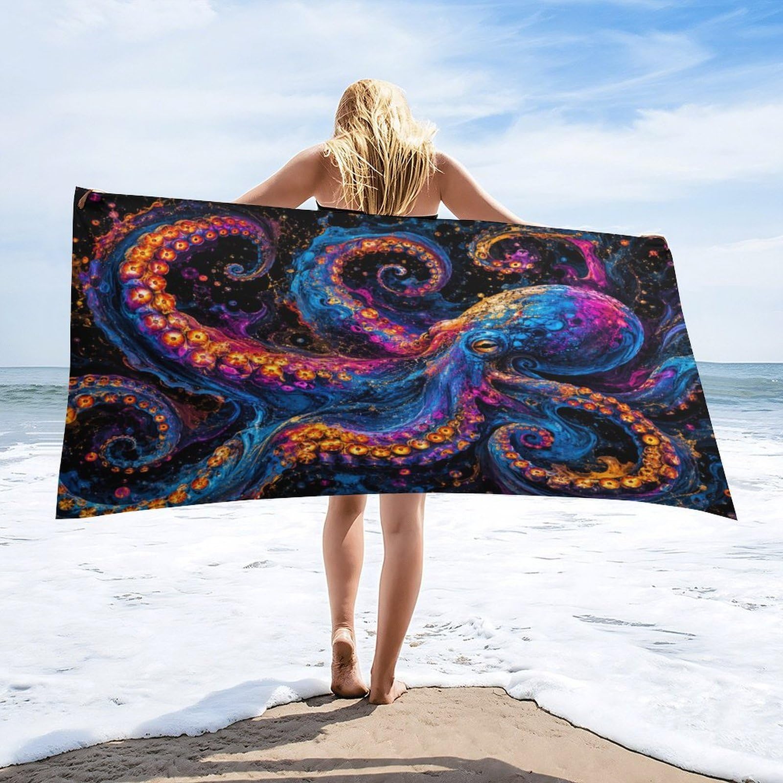 Anceky Colorful Octopus Beach Towel 32"×63",Soft Microfiber Bath Towel Shawl, Quick Dry Absorbent Pool Spa Gym Shower Towel