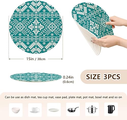 Miniatura 2 de 3 Pcs High Heat Trivet Christmas Green Pattern with Christmas Tree for Hot Dishes 15in Cotton Thread Weave Heat Resistant Mats for Stove Camper Must