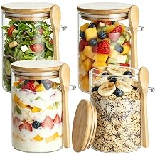 Overnight Oats Jar, 4 Pcs 16 Oz Glass Overnight Oats Container, Sealed Food Storage Container with Wooden Lid and Spoon, Salad Jar is Used to Store Grains, Yogurt, Fruits, Candies and Salad