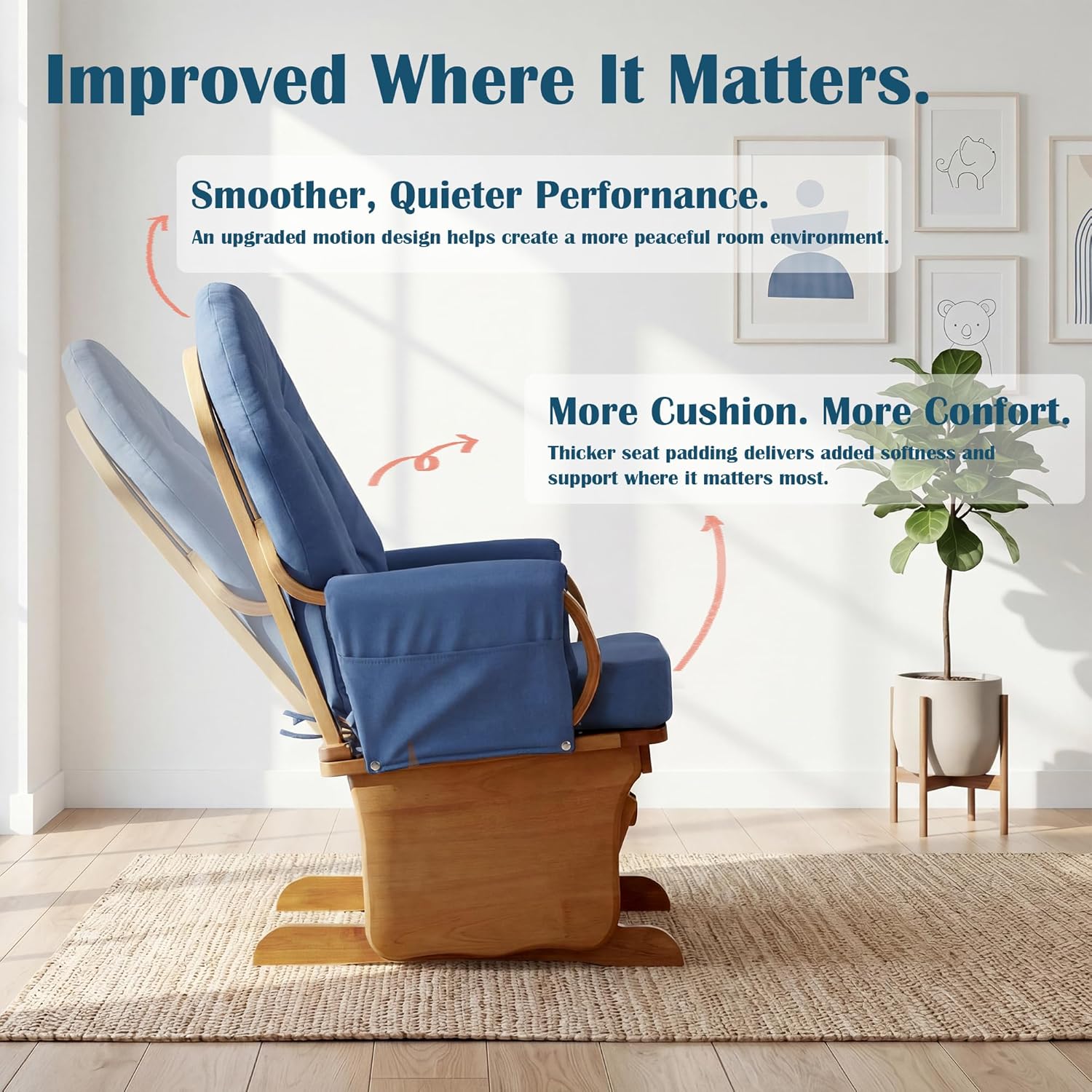 Nursery Glider Chair with Solid Rubberwood Frame, Smooth Gliding Rocking Chair for Baby Feeding or Daycare, Padded Foam Arm Rests, Side Storage Pockets, Blue