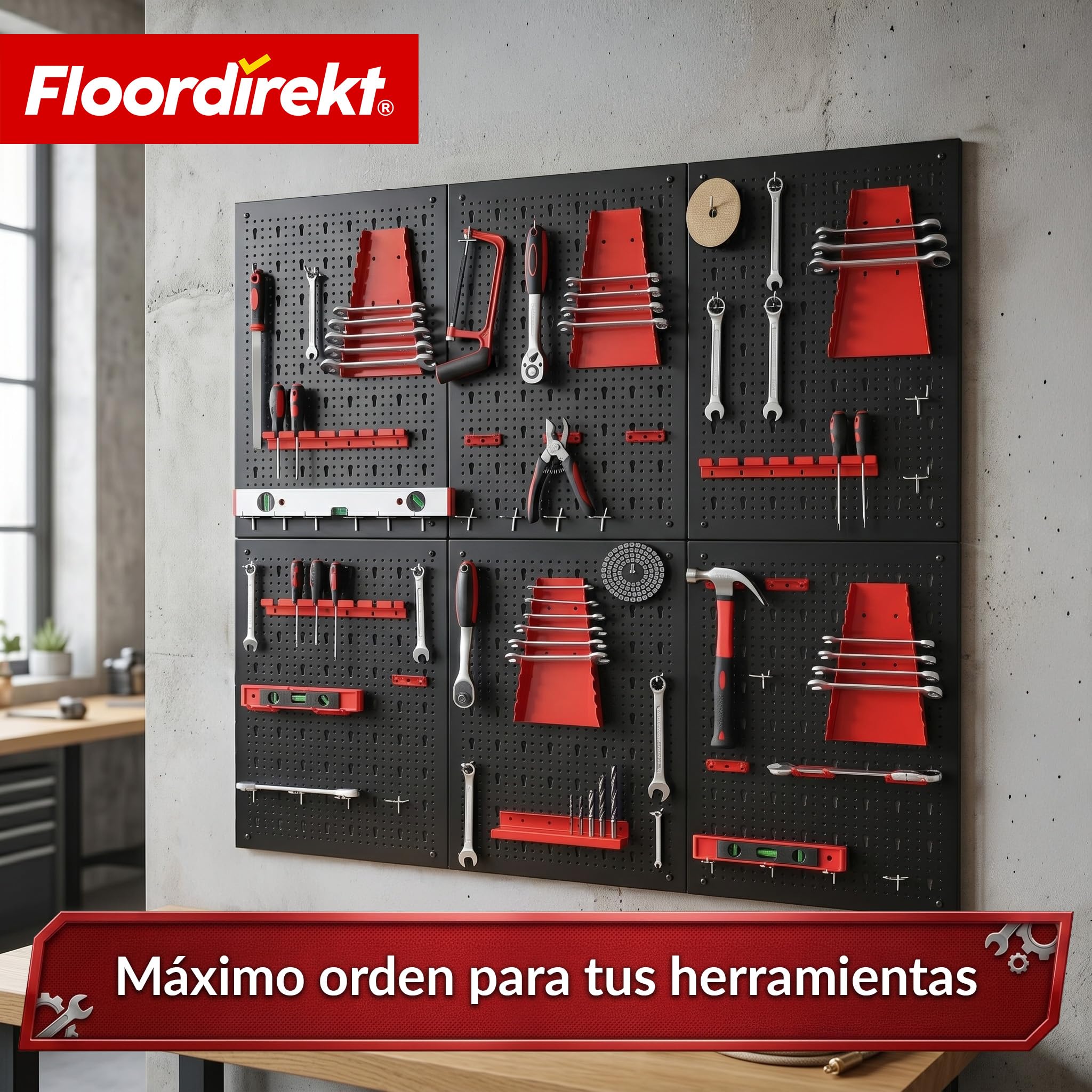Floordirekt Juego de 6 placas perforadas para herramientas, metal, 240 x 60 cm, para banco de trabajo, garaje, taller