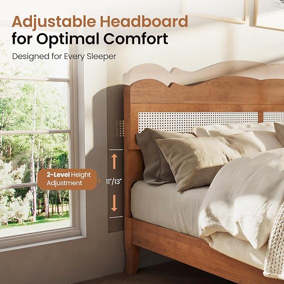 PHI VILLA Solid Wood King Size Bed Frame with Adjustable Headboard