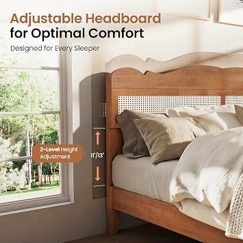 PHI VILLA Solid Wood King Size Bed Frame with Adjustable Headboard