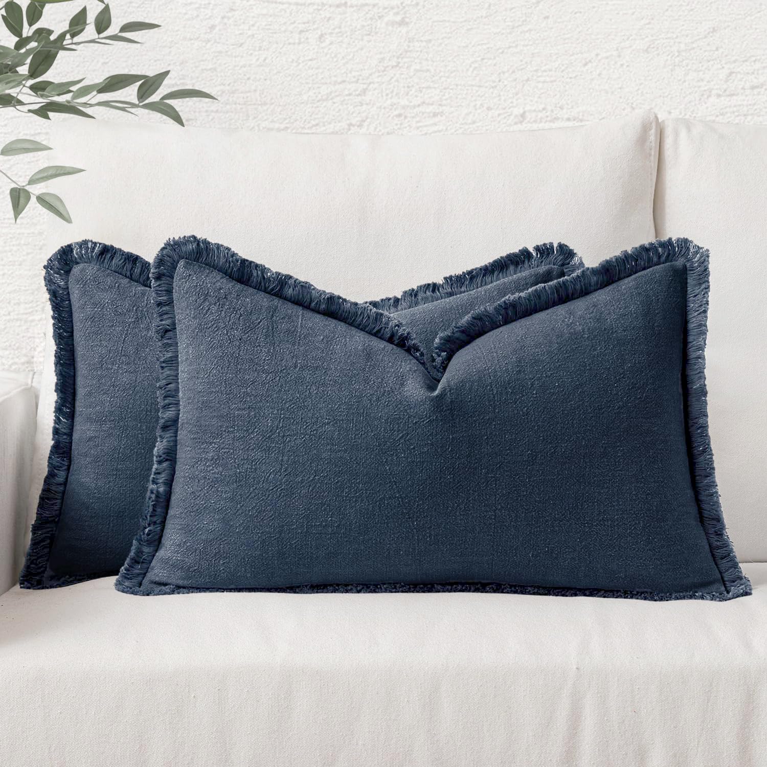 MIULEE Boho Linen Decorative Lumbar Throw Pillow Covers Indigo Blue 12x20