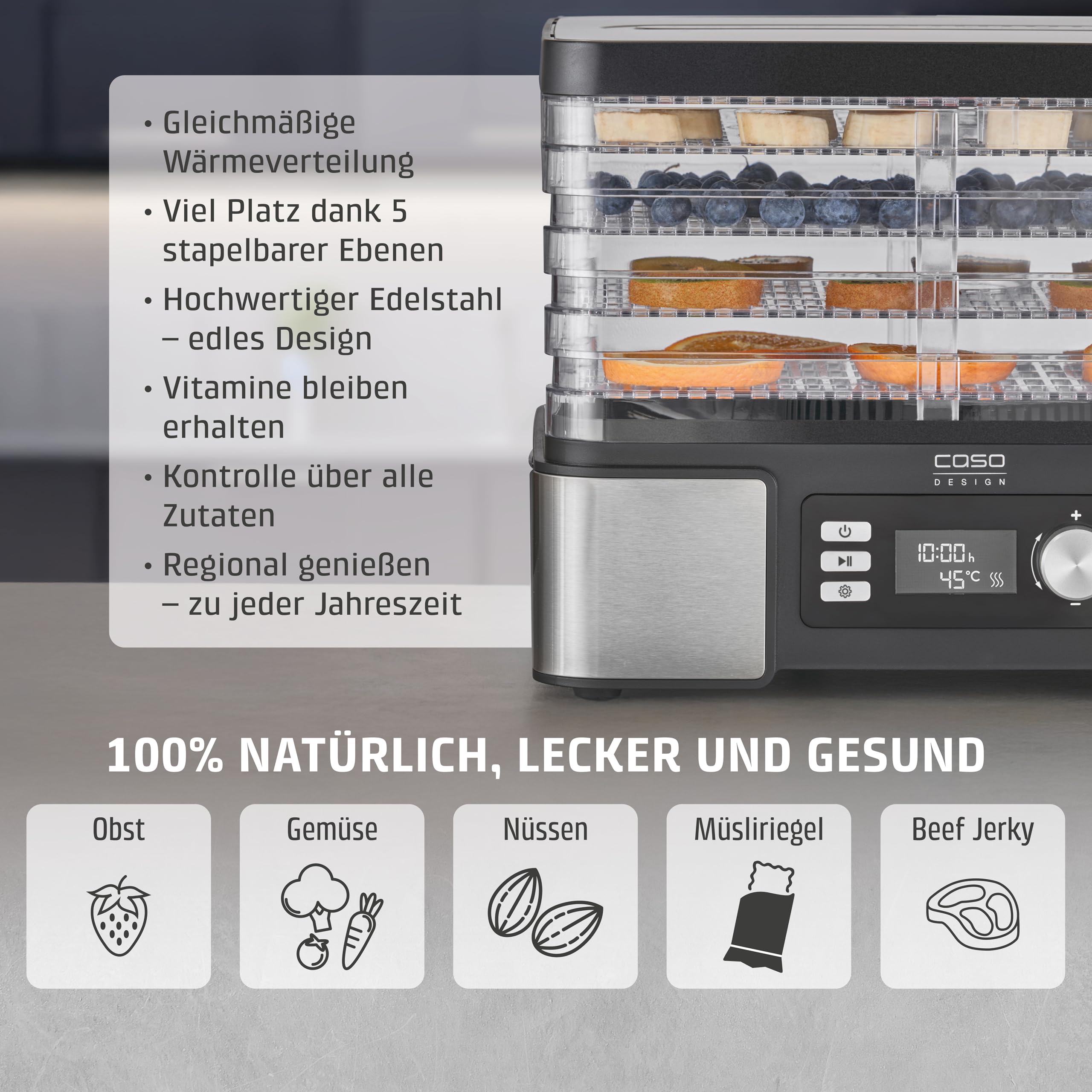 Caso DH 450 Dörrautomat, Testsieger Haus & Garten Test, für z.B. Obst, Gemüse, Kräutern etc., Temperatur individuell einstellbar von 30 ‐ 70 °C, Timer einstellbar von 0,5 ‐ 48 h