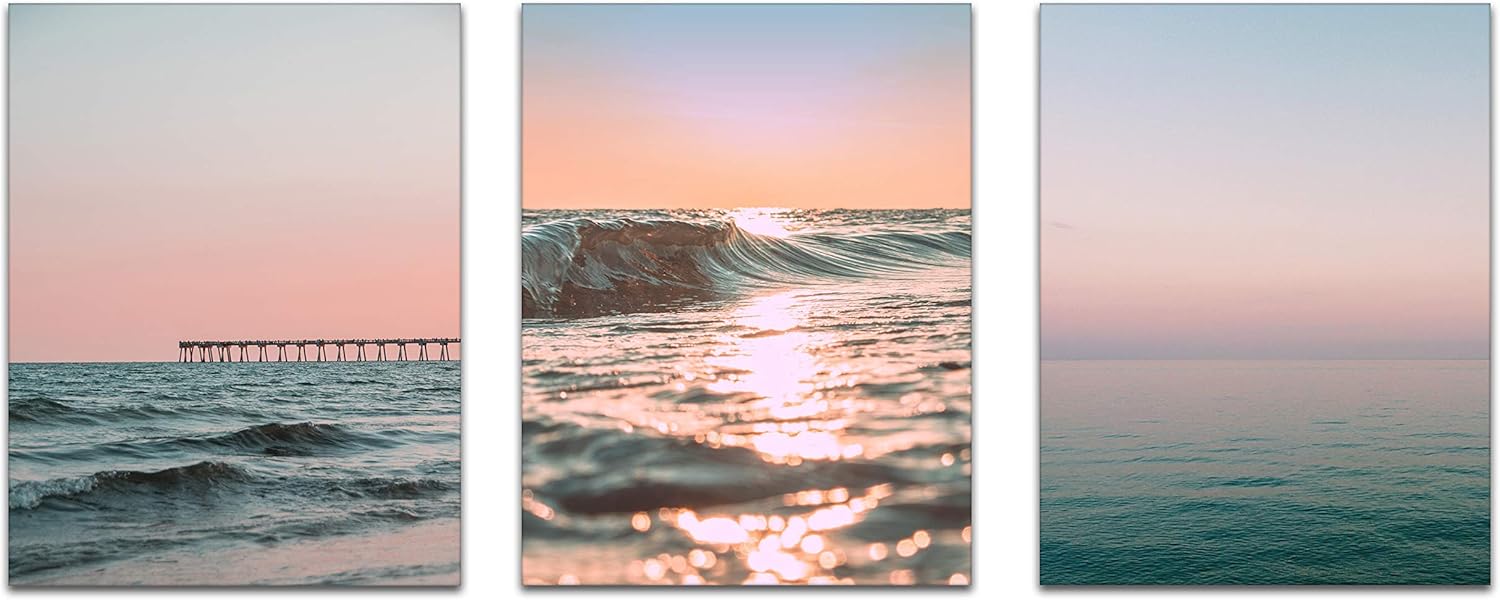 Sunset and Sunrise Beach Themed Photography Prints, Set of 3, Unframed, Ocean Pier, Dock, Waves, Coastal, Wall Art Decor Poster Sign, 8x10 Inches