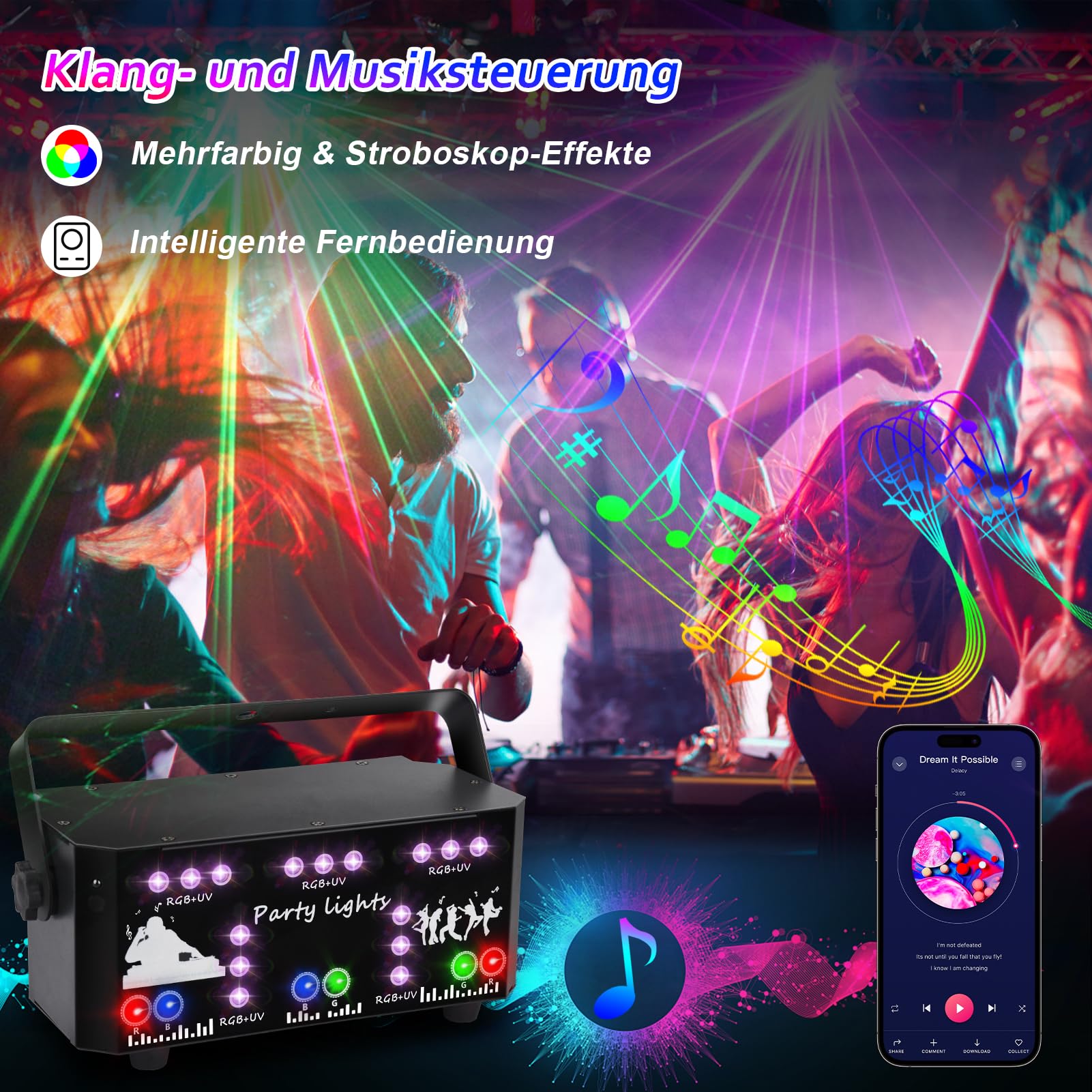 Fwiull Luce da discoteca per feste con telecomando, DMX controllata dalla musica, luce stroboscopica, proiettore DJ, luci LED RGB per Halloween, Natale, club (WRSL23)