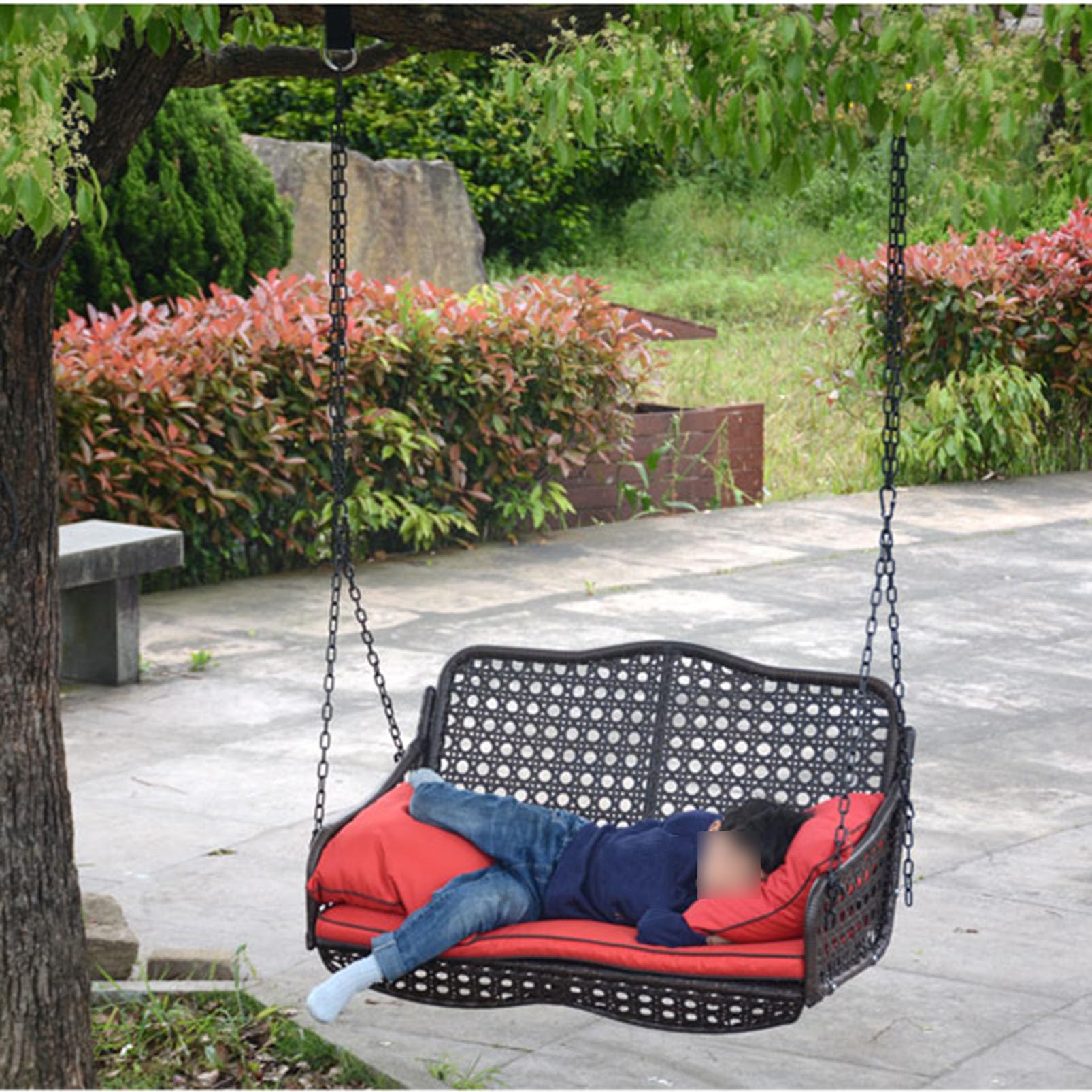 Dondolo sospeso con catene, sedia a dondolo in rattan per 2-3 persone con cuscini, altalena resistente per giardino, prato e terrazza