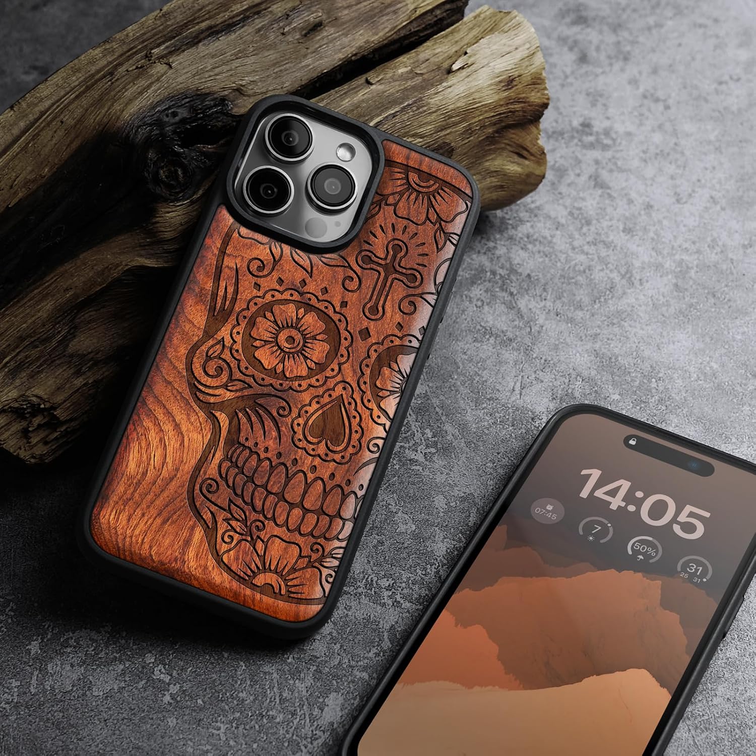 Carveit Magnetic Wooden Case for iPhone 16 Pro Case, Wood Artisan Engraved & Black Soft TPU Shockproof Cover, Compatible with MagSafe Wireless Chargers (Sugar Skull) Rosy