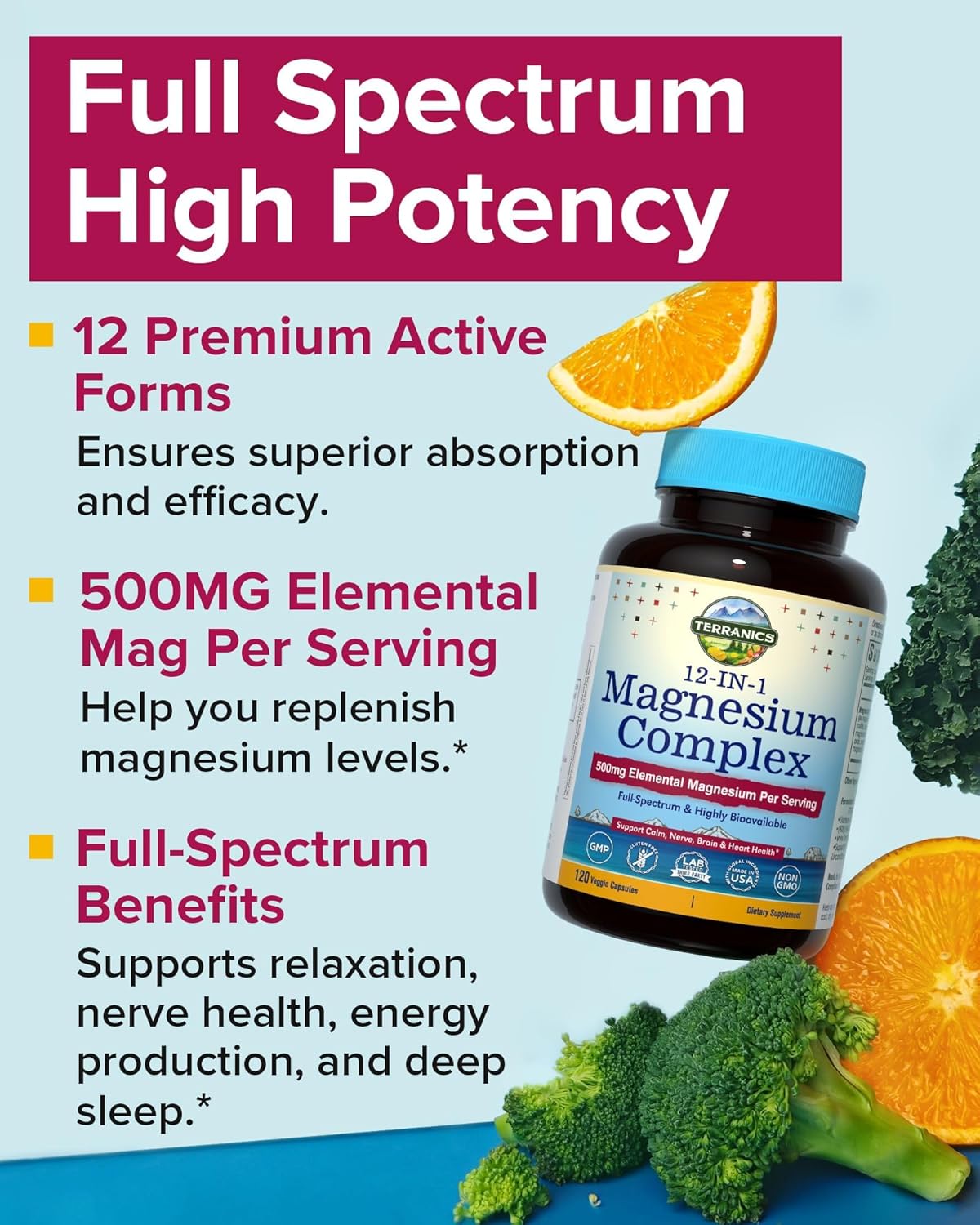 Terranics 12-in-1 Magnesium Complex 500mg, High Absorption Chelated Magnesium Glycinate, Citrate, Malate, Taurate, Orotate & More, for Sleep, Calm, Energy, Heart, Vegan, Non-GMO,120 Capsules - Image 3