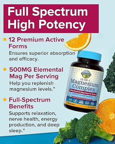 Miniatura 3 de Terranics Complejo de magnesio 12 en 1, 500 mg, glicinato de magnesio quelado de alta absorción, citrato, malato, taurato, orotato y más, para