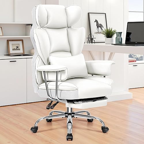 BESTFAIR Office Desk Chair 400LBS, Big and Tall Office Chairs with Footrest, Leather Computer Gaming Chairs with Adjustable Height, Executive Office Chairs with Lumbar Support, White - White