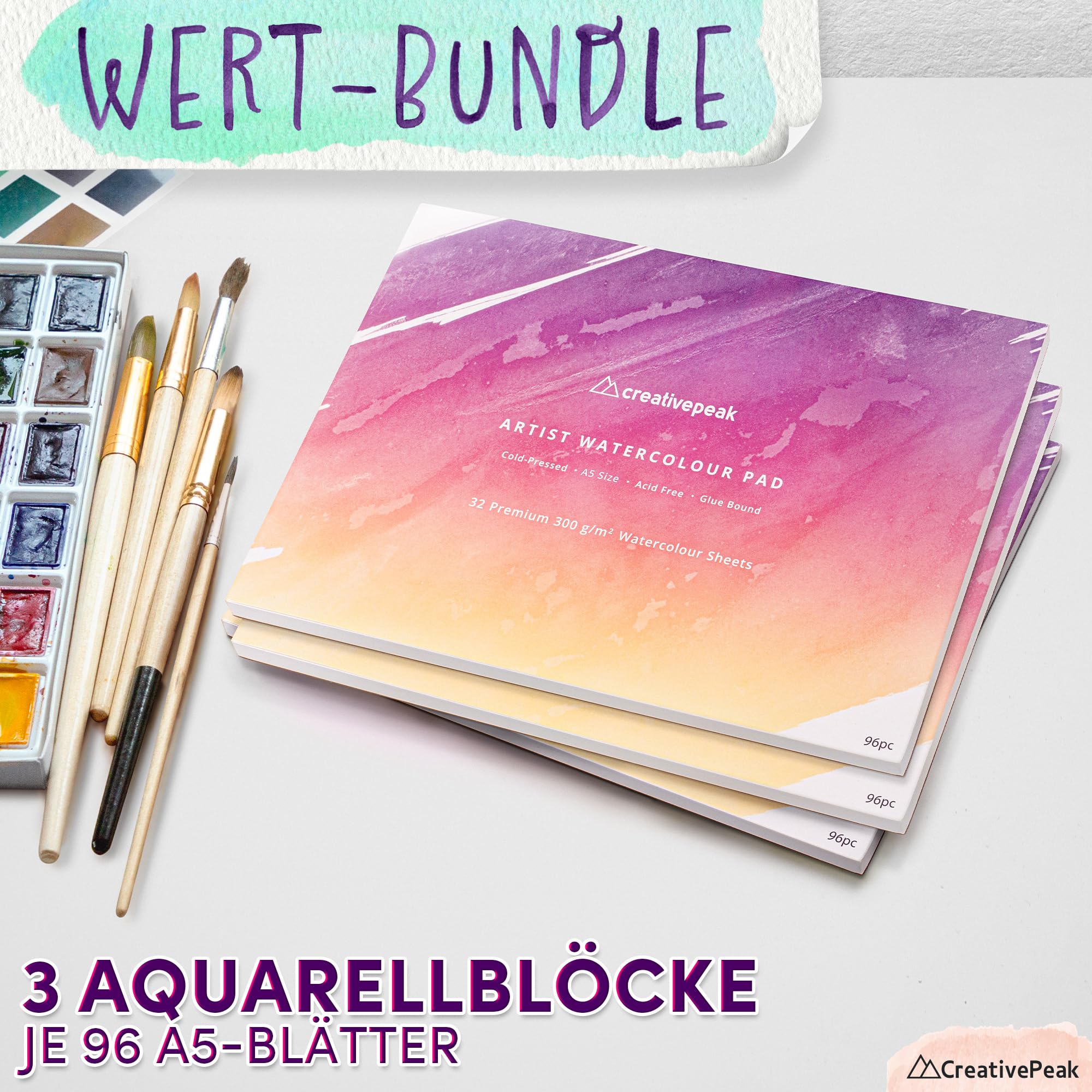 Aquarellpapier-Malblock (96 Blatt, A5-Format (14,8 x 21 cm), 3er-Pack) – Premium 300 g/m² dickes, professionelles Mixed-Media-Skizzenbuch – von CreativePeak