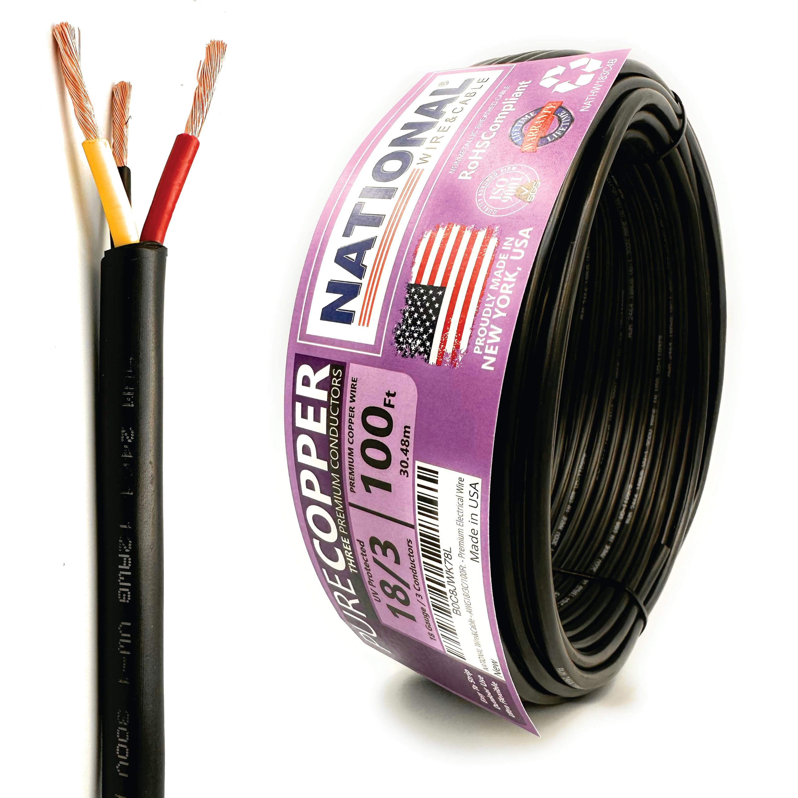 NATIONAL Wire & Cable – 18 AWG 3-Conductor Premium Copper Wire, 100 ft, Stranded | Made in USA, Flexible Jacket | LED Strips, Electronics, Low Voltage