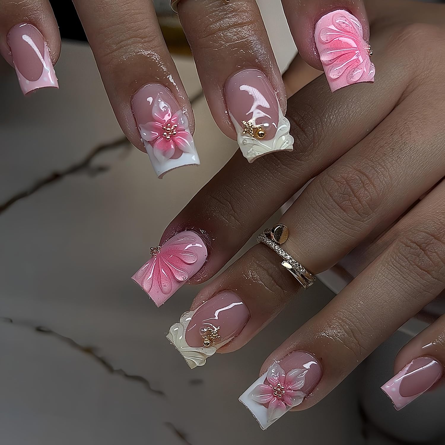 French Press On Nails - Medium Square White Floral Design