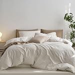 MooMee Ensemble de Housse de Couette Rayée 100% Coton Lavé Comme Lin Taille Queen | Texture Relaxée Comme Lin. Doux, Respirant et Confort Durable. Léger. Fermeture Éclair Cachée avec 8 Liens Intérieurs