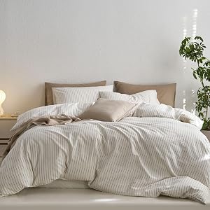 MooMee Ensemble de Housse de Couette Rayée 100% Coton Lavé Comme Lin Taille Queen | Texture Relaxée Comme Lin. Doux, Respirant et Confort Durable. Léger. Fermeture Éclair Cachée avec 8 Liens Intérieurs