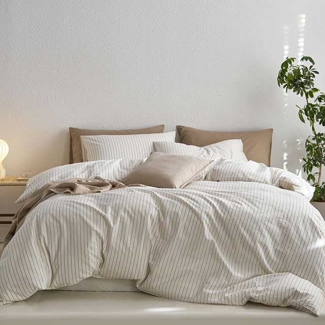 MooMee Ensemble de Housse de Couette Rayée 100% Coton Lavé Comme Lin Taille Queen | Texture Relaxée Comme Lin. Doux, Respirant et Confort Durable. Léger. Fermeture Éclair Cachée avec 8 Liens Intérieurs