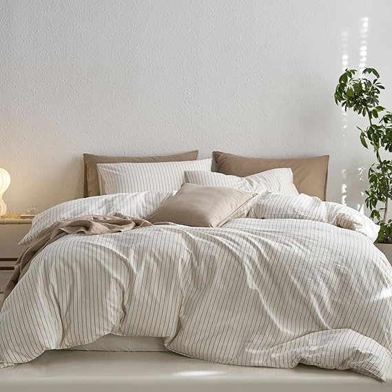 MooMee Striped Duvet Cover Set 100% Washed Cotton Linen Like Textured Breathable Durable Soft Comfy (White Tannish Linen Grey Wide Stripes, King 104"x90")