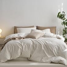 MooMee Striped Duvet Cover Set 100% Washed Cotton Linen Like King