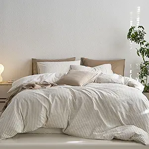 MooMee Striped Duvet Cover Set 100% Washed Cotton Linen Like Textured Breathable Durable Soft Comfy (White Tannish Linen Grey Wide Stripes, King)