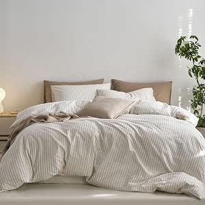 MooMee Striped Duvet Cover Set 100% Washed Cotton Linen Like Textured Breathable Durable Soft Comfy (White Tannish Linen Grey Wide Stripes, King 104"x90")