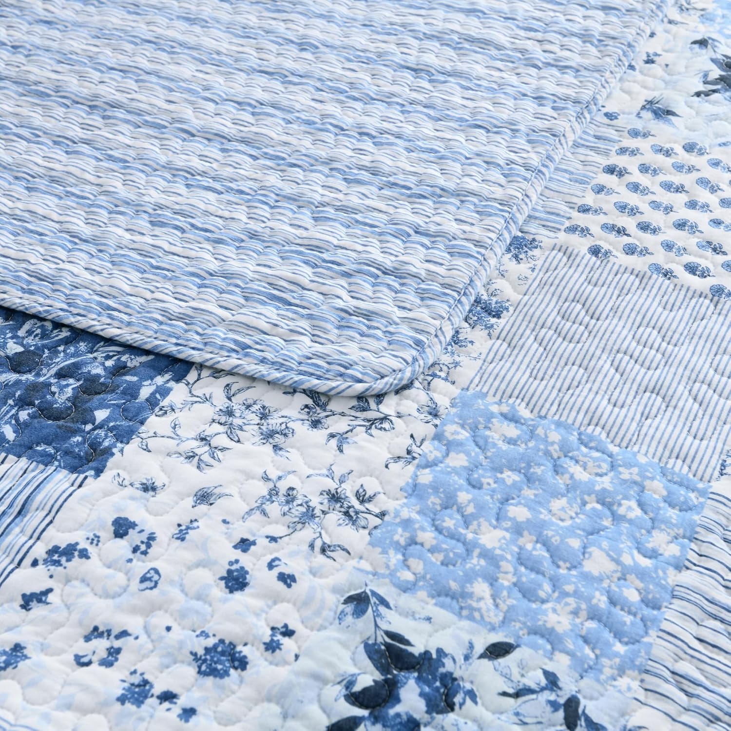 King Quilt Set 100% Cotton Blue Floral Bedding French Country