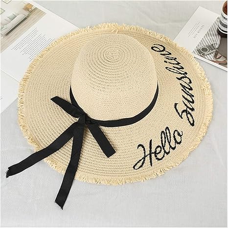 Amazon Co Jp ビーチハット 手作りの織りの手紙の太陽の帽子のための帽子の黒いリボンのレースアップの大きい亀の麦わら帽子屋外のビーチ帽子夏の帽子 日焼け止め Color N245 Beige サイズ One Size ホーム キッチン