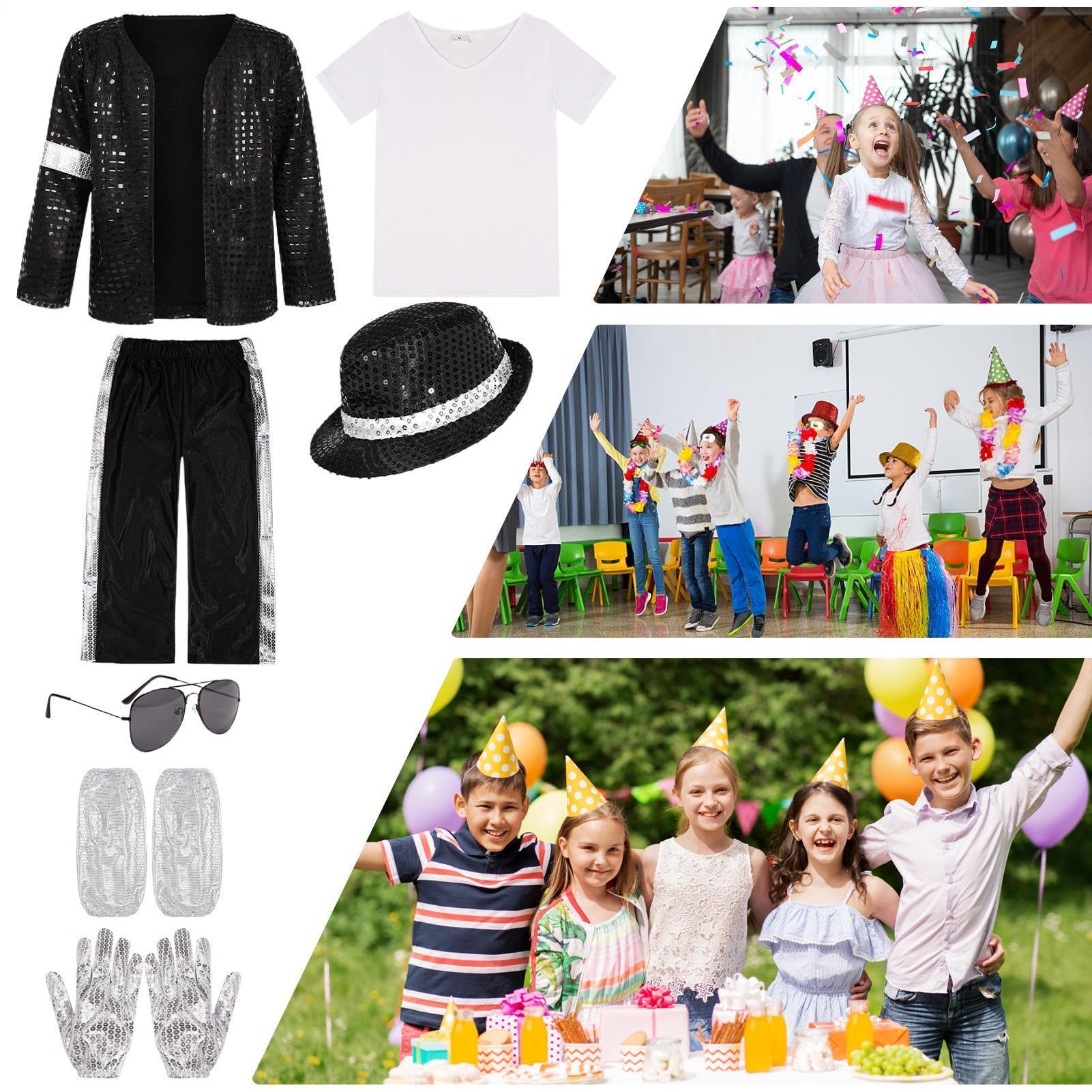 Generico Michael Costume Jackson Vestito Bambino, Pop Star, Set 6 Pezzi Con Giacca Nera Con Paillettes, Pantaloni, Cappello, Guanto – Spettacoli Halloween Christmas