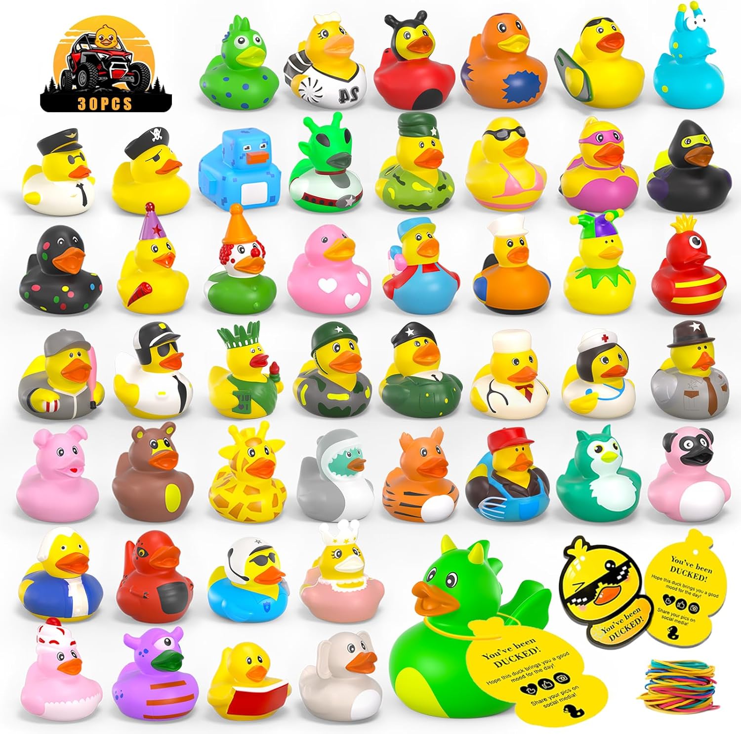 150Pcs Jeep Ducks with Tags for Ducking,50 Rubber Ducks+50 Tags+50 Straps,Toddler Baby Bath Toys Party Favors