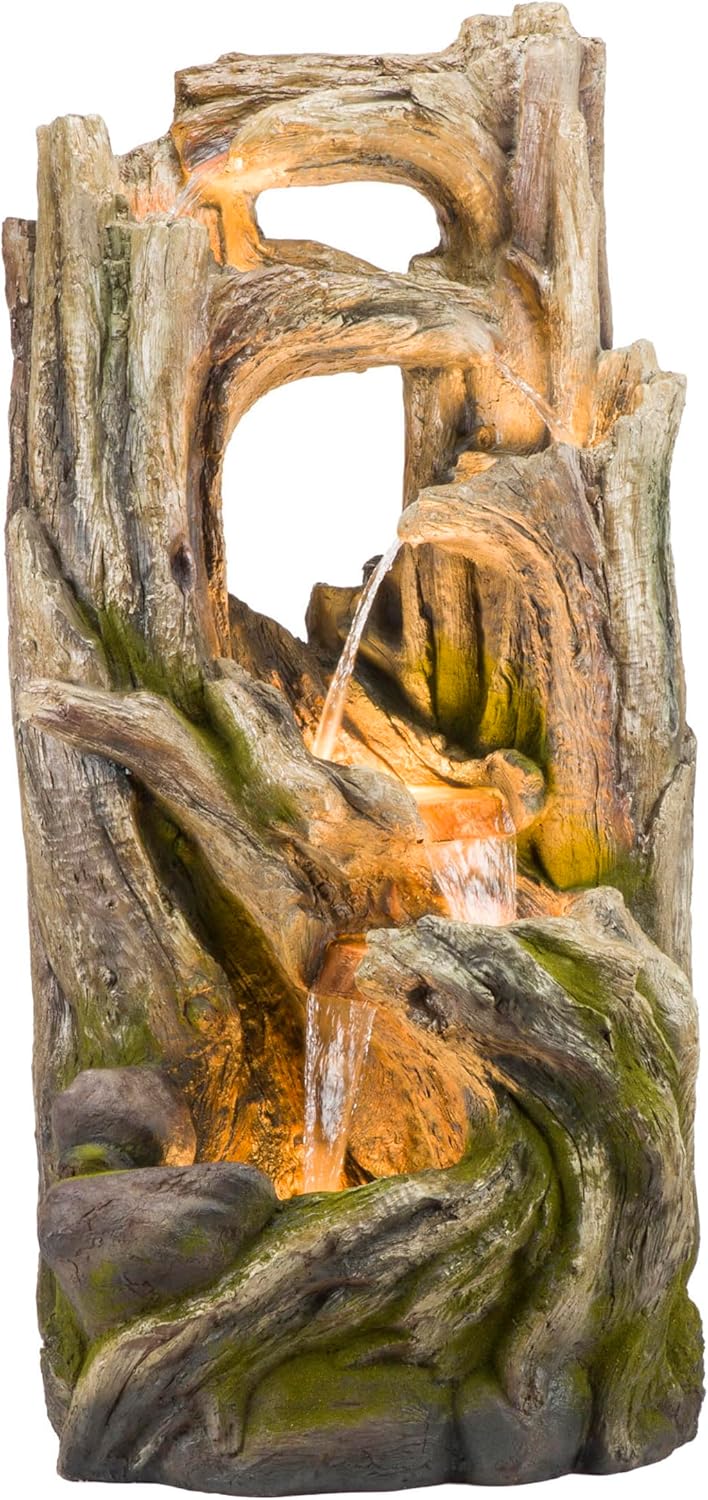Alpine Corporation WIN1520 59" Indoor/Outdoor Floor 5-Tiered Tree Bark Water Fountain, Cascading Mossy Wood Waterfall Feature for Garden, Patio, and Yard, Brown