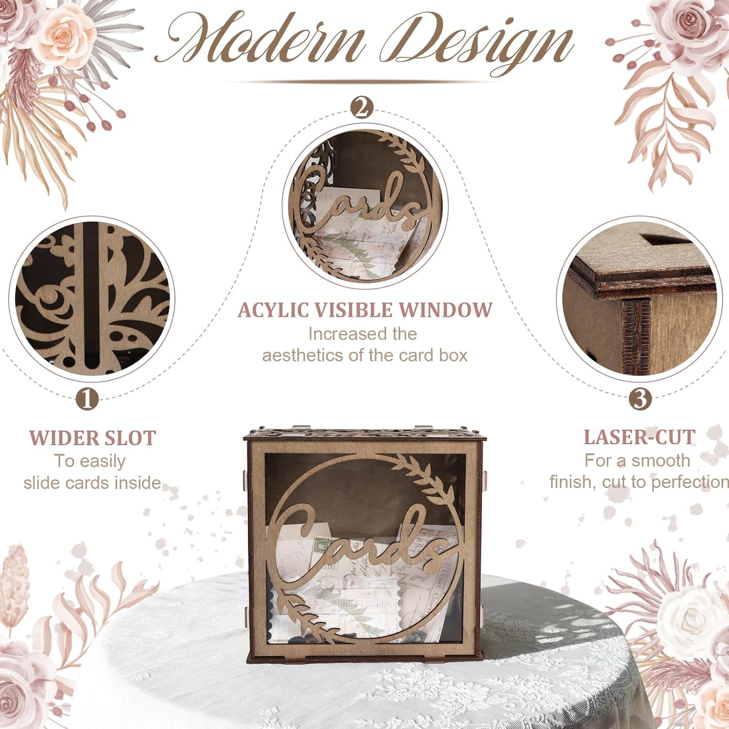 Wooden Wedding Card Box for Reception, Rustic Gift Card Box Holder with Slot and Acrylic Window, Vintage Envelope Money Card Box for Wedding Graduation Party Birthday Baby Shower Decorations thumbnail