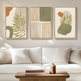 Framed Boho Sage Green Wall Art for Living Room, Large Mid Century Modern Tropical Leaf Canvas Artwork for Walls, 3 Piece Beige Orange Bohemian Wall Art Prints for Bedroom Kitchen Hallway, 16x24 Inch