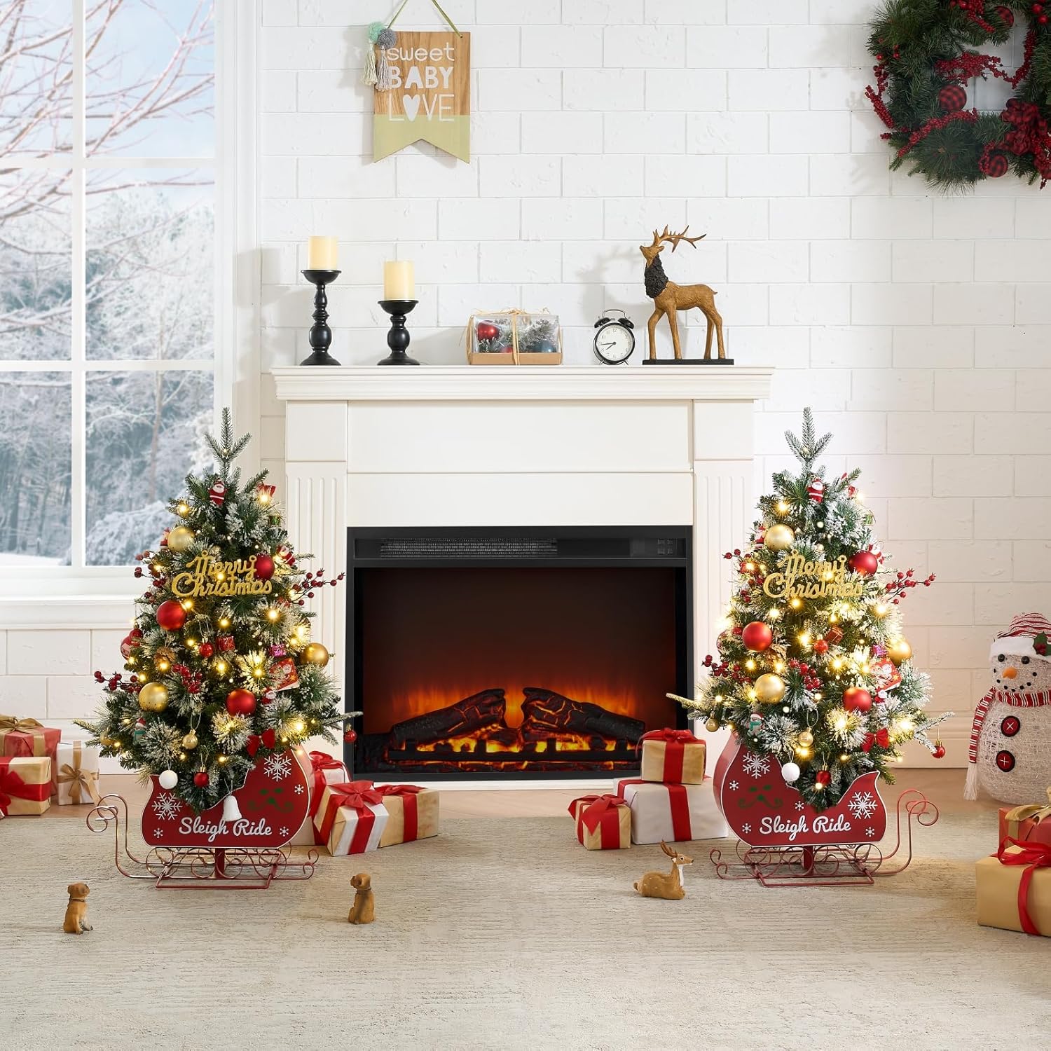 3FT Small Christmas Tree, Artificial Christmas Tree with 78 LED Lights & Bobsleigh Base, Prelit Mini Tree for Christmas Decor,Tabletop Christmas Tree, 8 Modes Remote Control, Timer Battery Operated