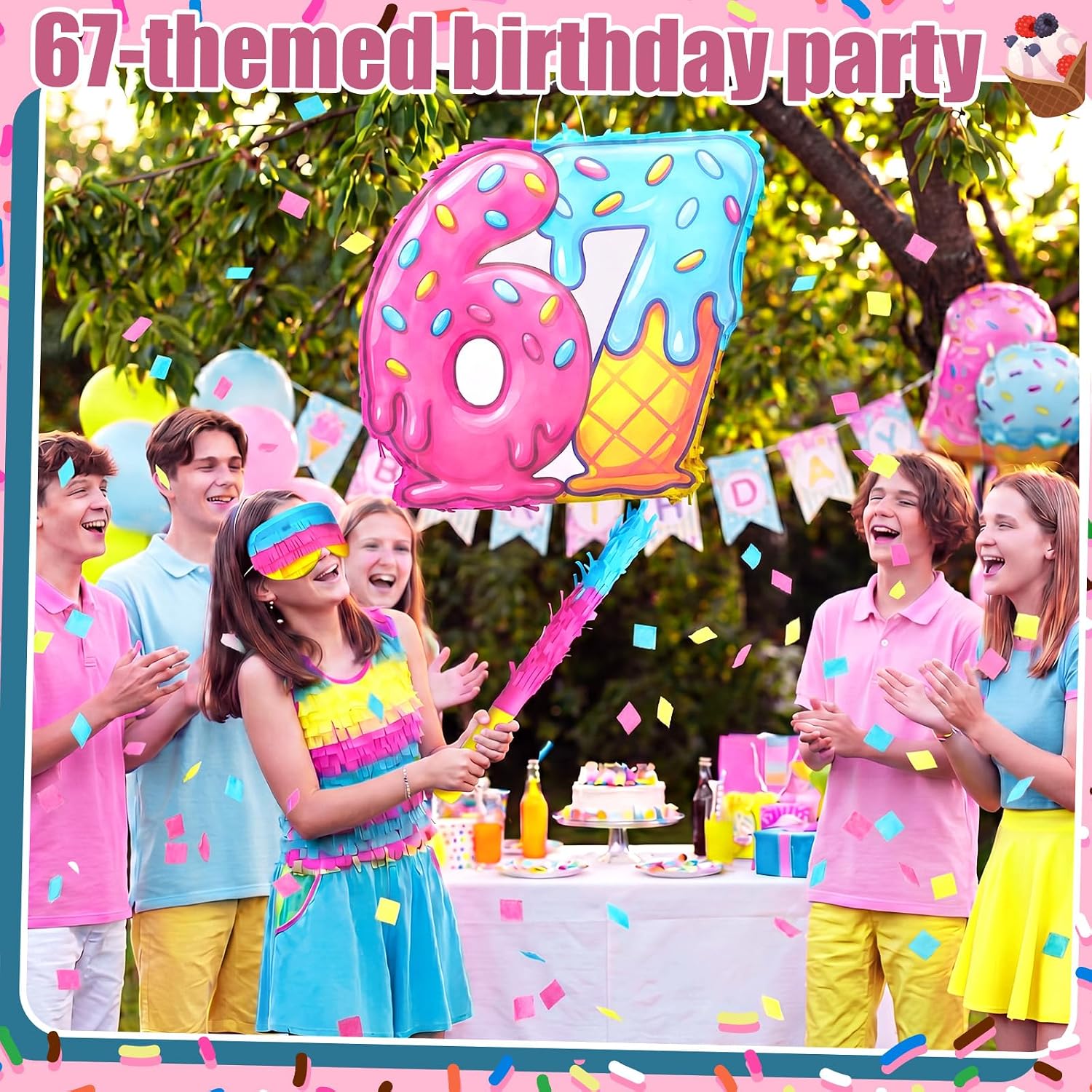 67 Themed Ice Cream Drip Piñata Six Seven Birthday Party Supplies Ice Cream Drip Pinata Bundle with Blindfold Stick and Confetti for Birthday Summer Party