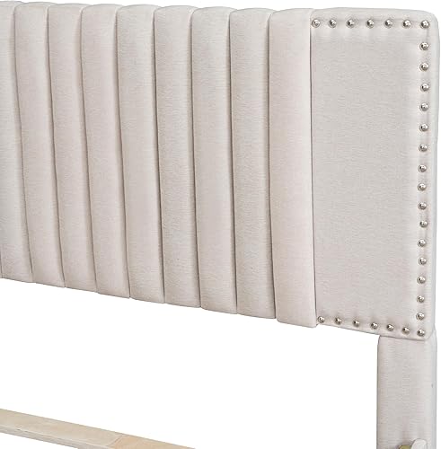 Miniatura 26 de Merax Base de cama tapizada de tamaño matrimonial con cama nido de tamaño individual, 2 cajones, cabecera con patrón de ladrillo y soporte de