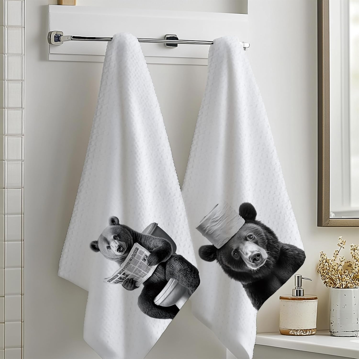 Funny Bear Hand Towels for Bathroom Set of 2, Funny Bears Black and White Bathroom Decor, Bear Gifts for Women, 16x24 Inch - Image 3