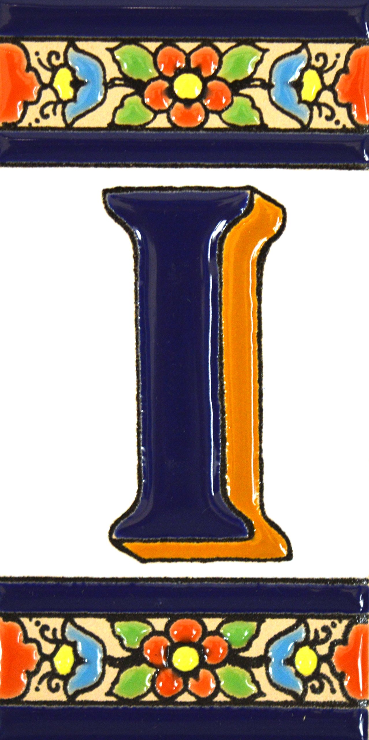 Handpainted Ceramic Tile with Letter 'I', 4.29x2.13 Inches, Mediterranean Artisanal Style, Perfect for House Addresses and Signs