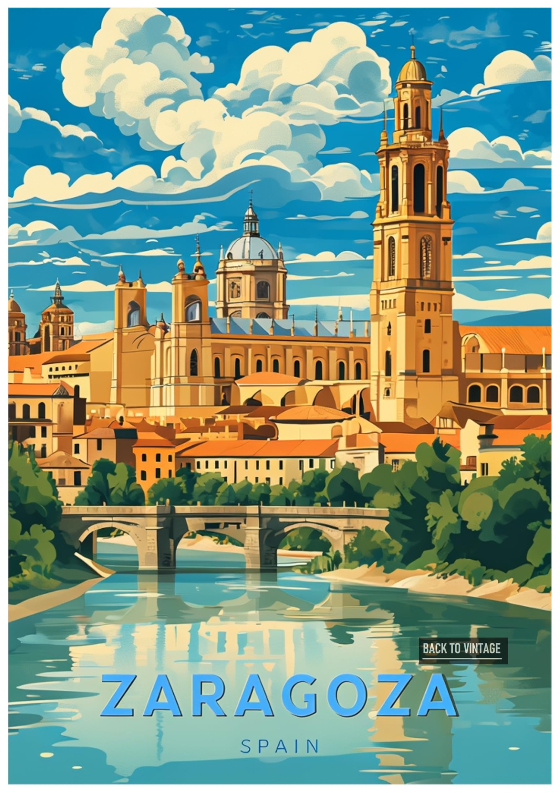 Back To Vintage Multicoloured Vibrant Retro Illustration Of Zaragoza Spain With Reflective River - Retro Europe Travel Poster A4 Size Vintage Wall Art Print Of Famous European Destinations Ideal For Home Or Office Decor