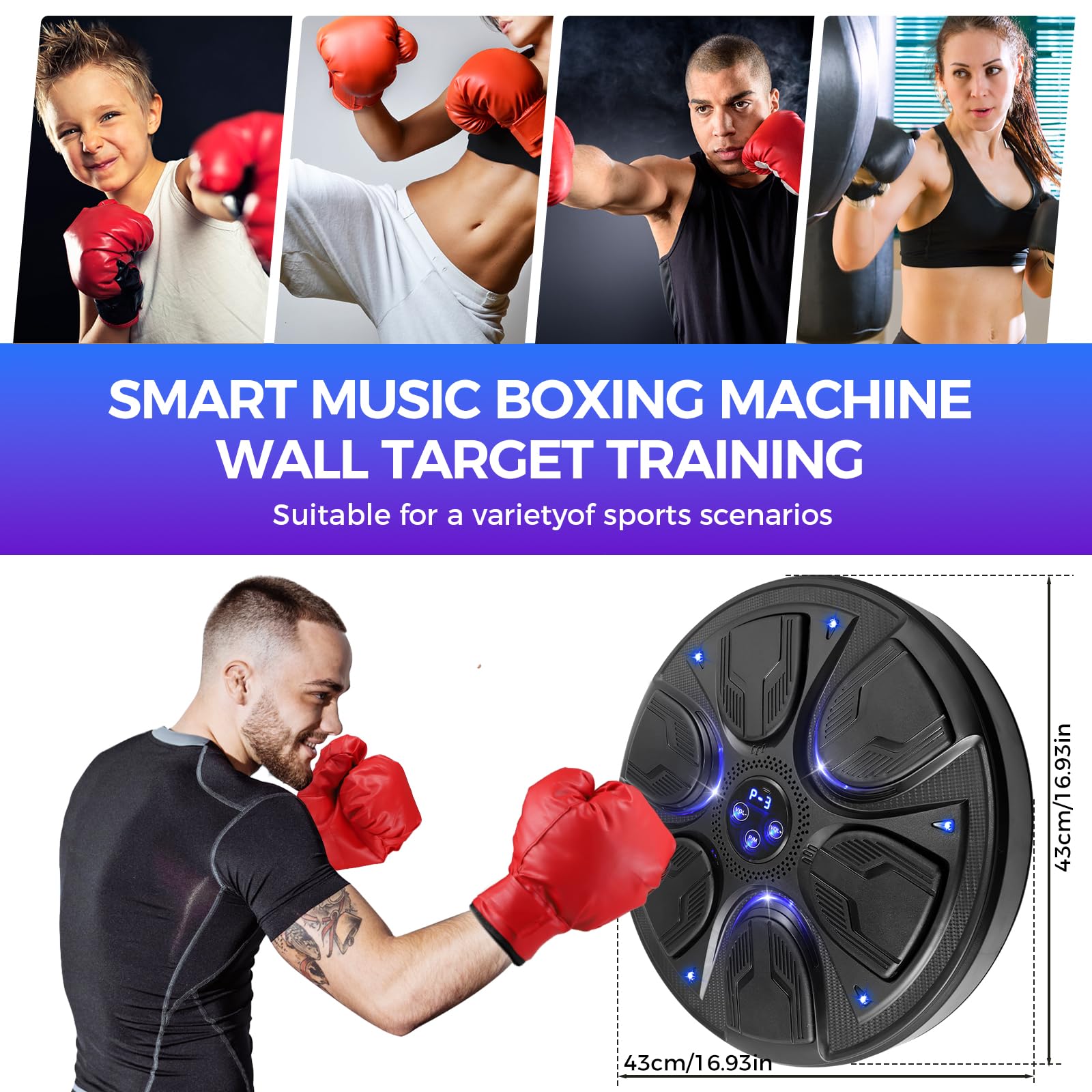 Towwoo Macchina della Boxe Montata al Muro, Astuti Cuscinetti di Punzonatura Dell'Attrezzatura della Boxe Musicale con La Luce del LED, Obiettivo Elettronico della Boxe con La Musica di Bluetooth