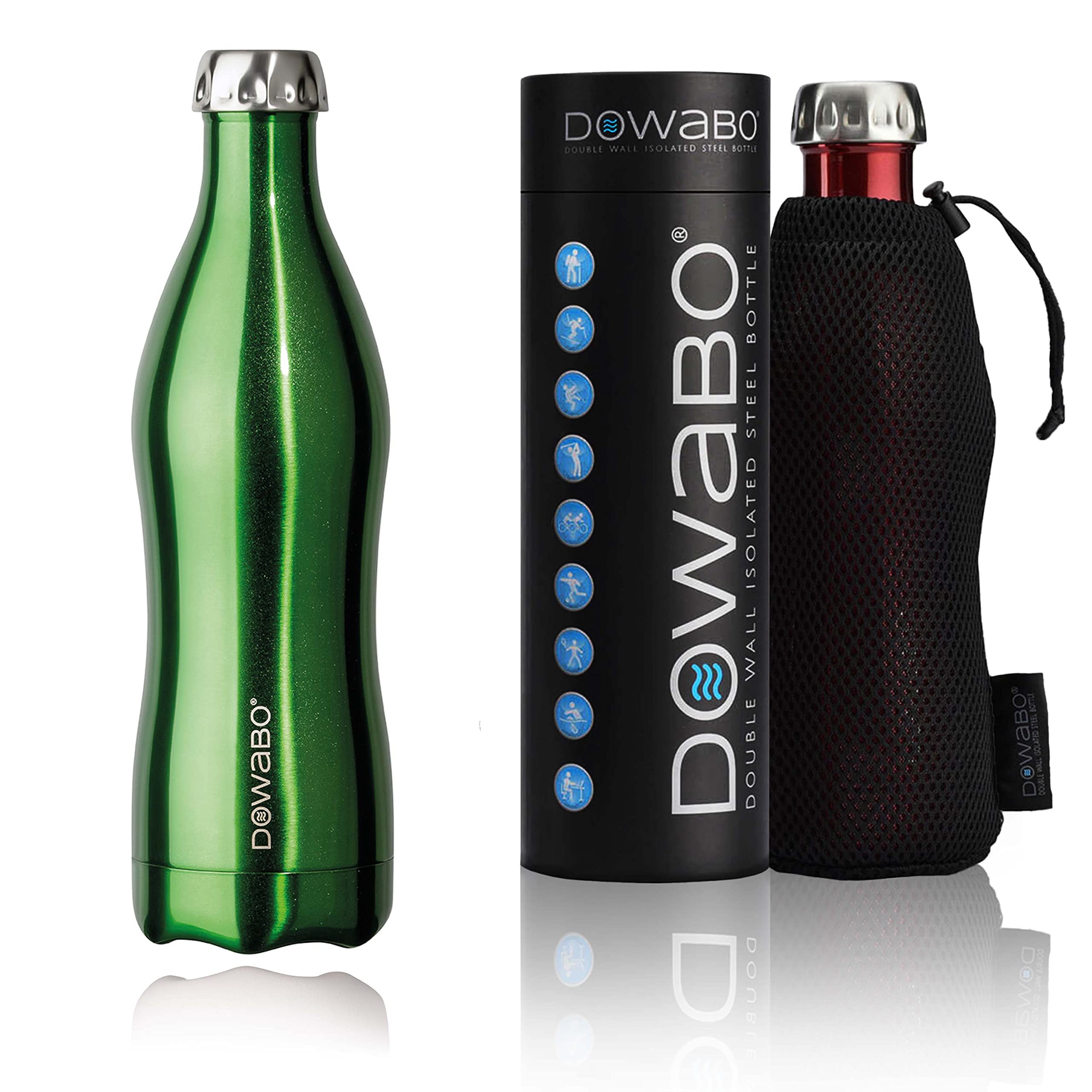 Dowabo Isolierflasche Metallic Collection, Green 750 ml | Edelstahl Trinkflasche, hält 12 h heiß und 24 h kalt, BPA-frei, kohlensäuredicht, auslaufsicher, inkl. Bottle-Bag