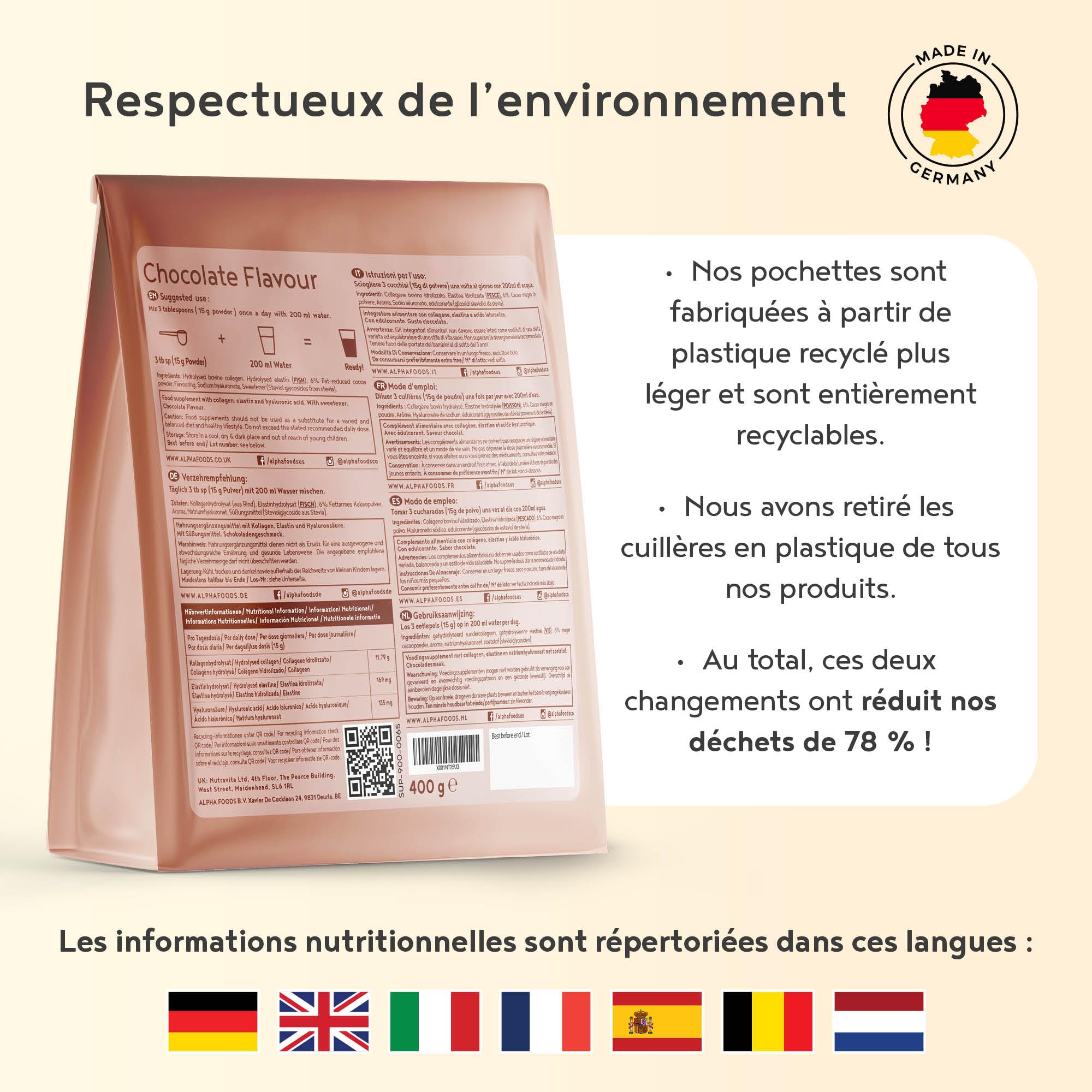 Peptide De Collagene Poudre Type I, II & III + Élastine Marin + Acide Hyaluronique - Collagène Hydrolysé en Poudre Facile à Dissoudre - Chocolat - Alpha Foods