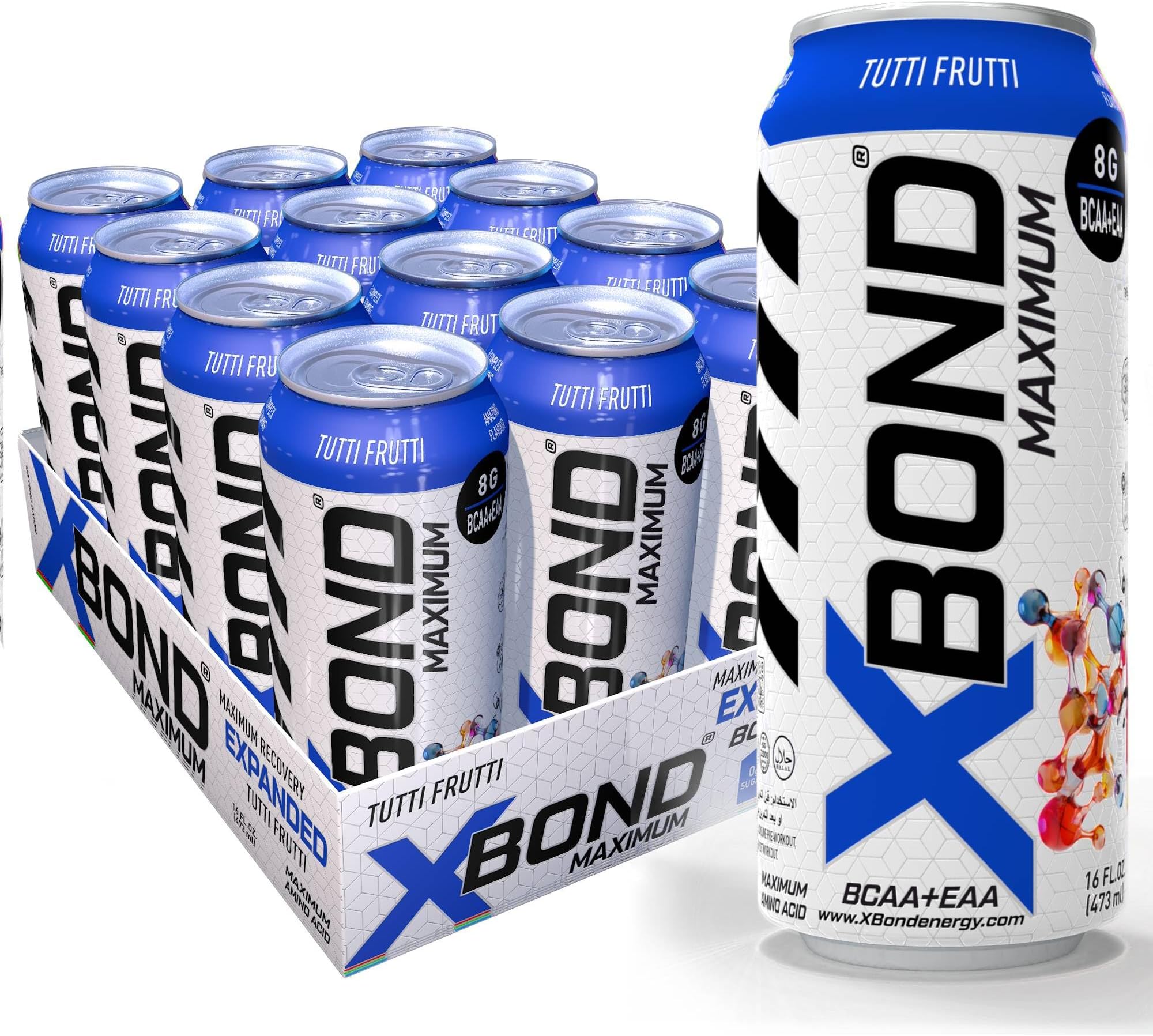XBOND Maximum Recovery Tutti Frutti Expanded Maximum Amino Drink - BCAA + EAA Electrolytes Drink - 16 fl oz (473 ml) - 8g BCAA/EAA, Sugar Free 34 Calories, 60mg Caffeine Pack of 12