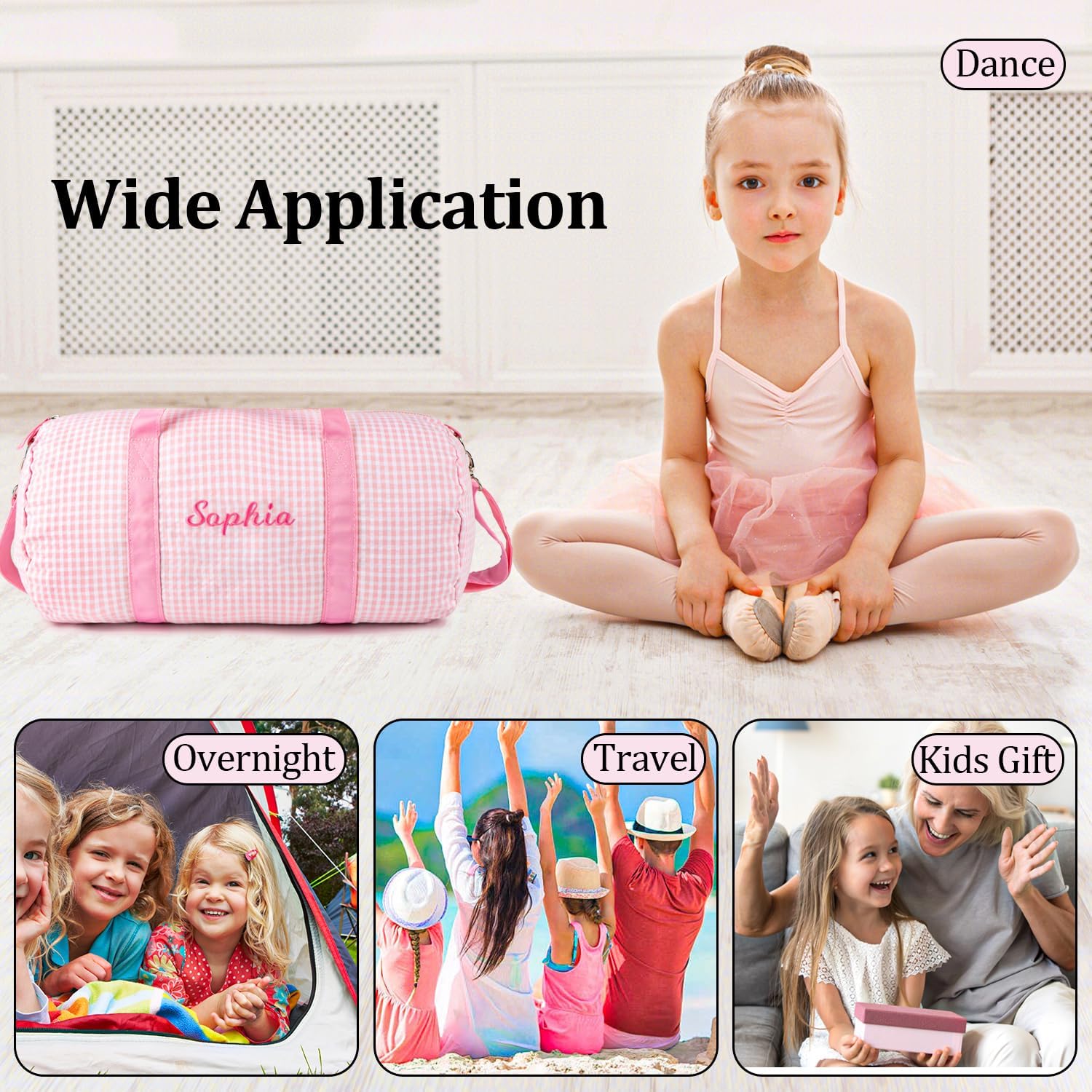 MT WORLD Girls Dance Duffle Personalized for Kids - Monogram Seersucker Toddler Overnight Travel Weekender Sleepover Bag With Removable Strap - Custom Child Gift (Pink) - Image 6