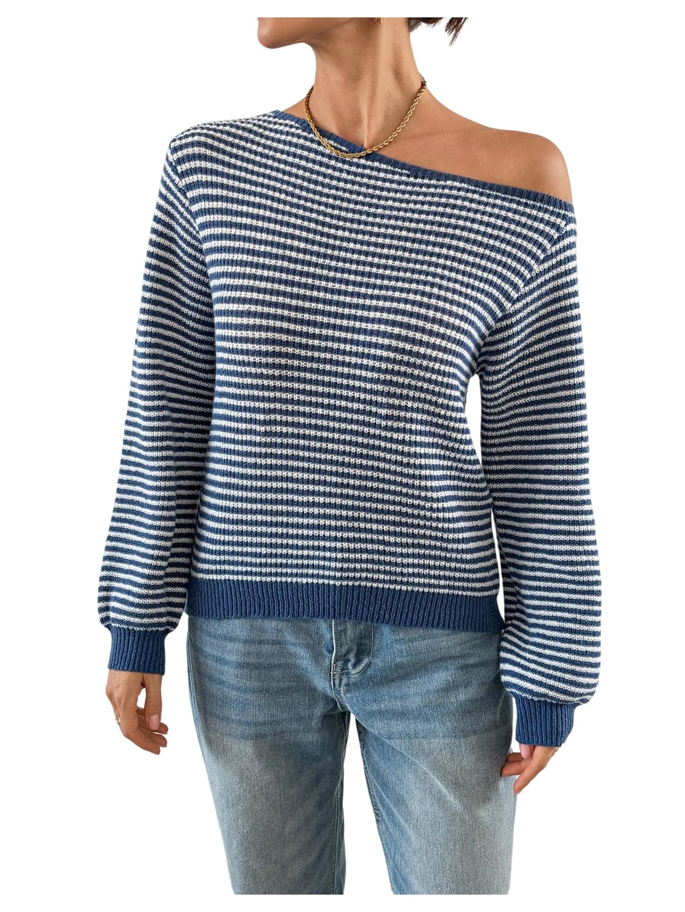 SweatyRocks Womens Off Shoulder Sweaters Long Sleeve Striped Pullover Sweater Fall Clothes