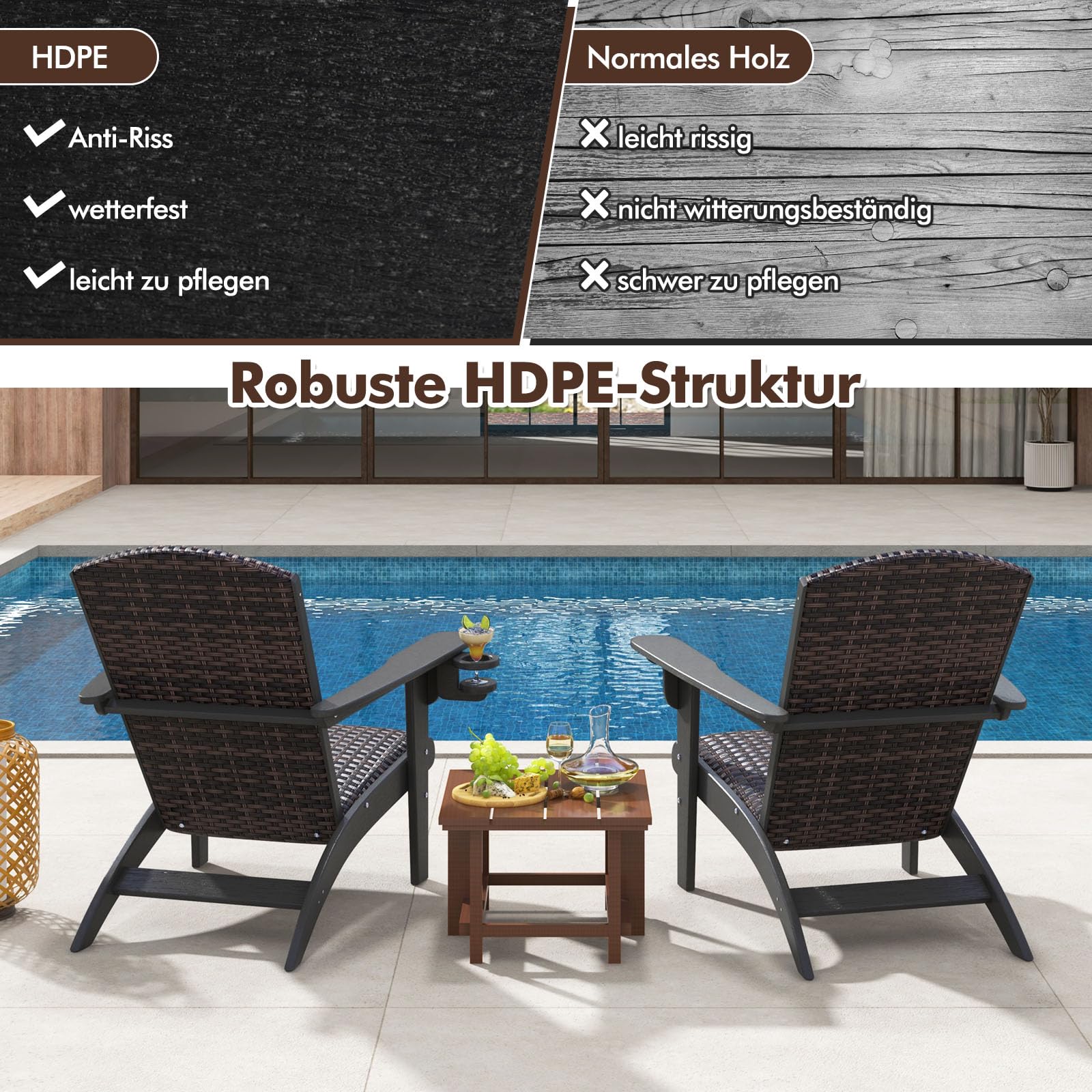 COSTWAY Adirondack Stuhl mit Getränkehalter, Adirondack Chair aus HDPE und Rattan, Gartensessel mit gepolstertem Sitz und Rückenlehne, für Garten, Terrasse (Schwarz + Braun gemischt)